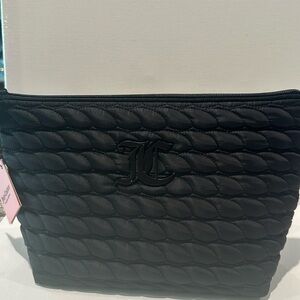 Juicy Couture Large Satin Fabric Quilted Travel Cosmetic Bag with empty bottle.